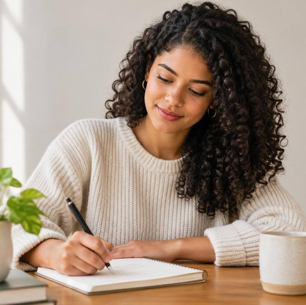 Brazilian woman writing in a notebook by natural light